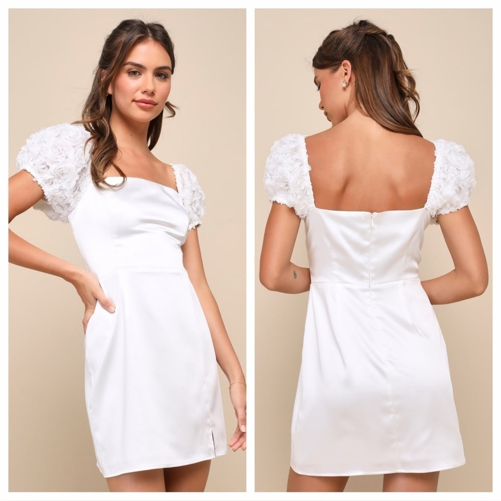 Lulus Precious Enchantment White Satin Floral Puff Sleeve
Mini Dress